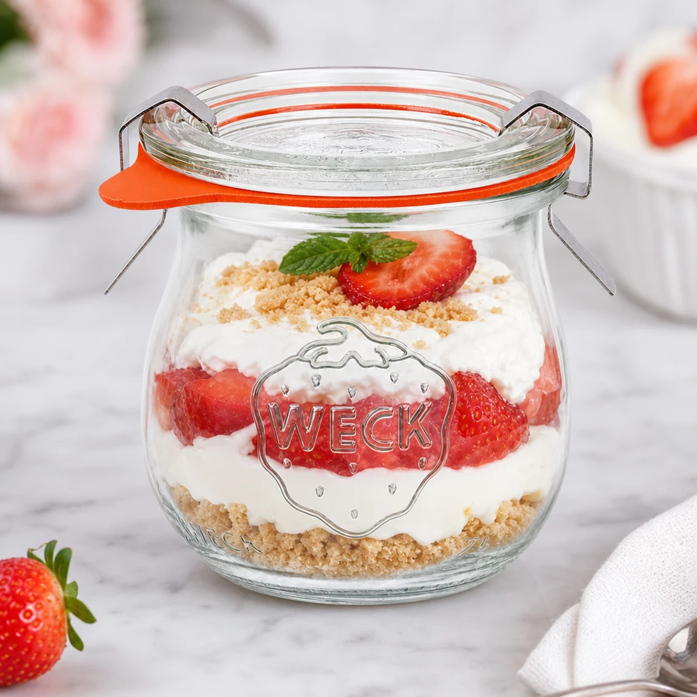 Tarro tulipán 75ml completo WECK RR40 WECK tarro tulipán 75ml como tarro de postre con capas de fresa y nata y migas de galleta elegantemente presentadas