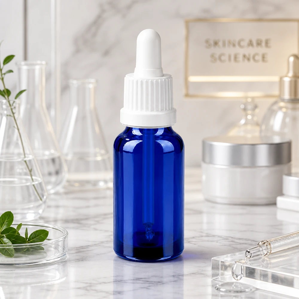 Frasco pipeta 20ml cierre inviolable blanco BlueLine UT18/20 Frasco de vidrio de 20 ml de alta calidad con pipeta cuentagotas para sueros y productos para el cuidado de la piel