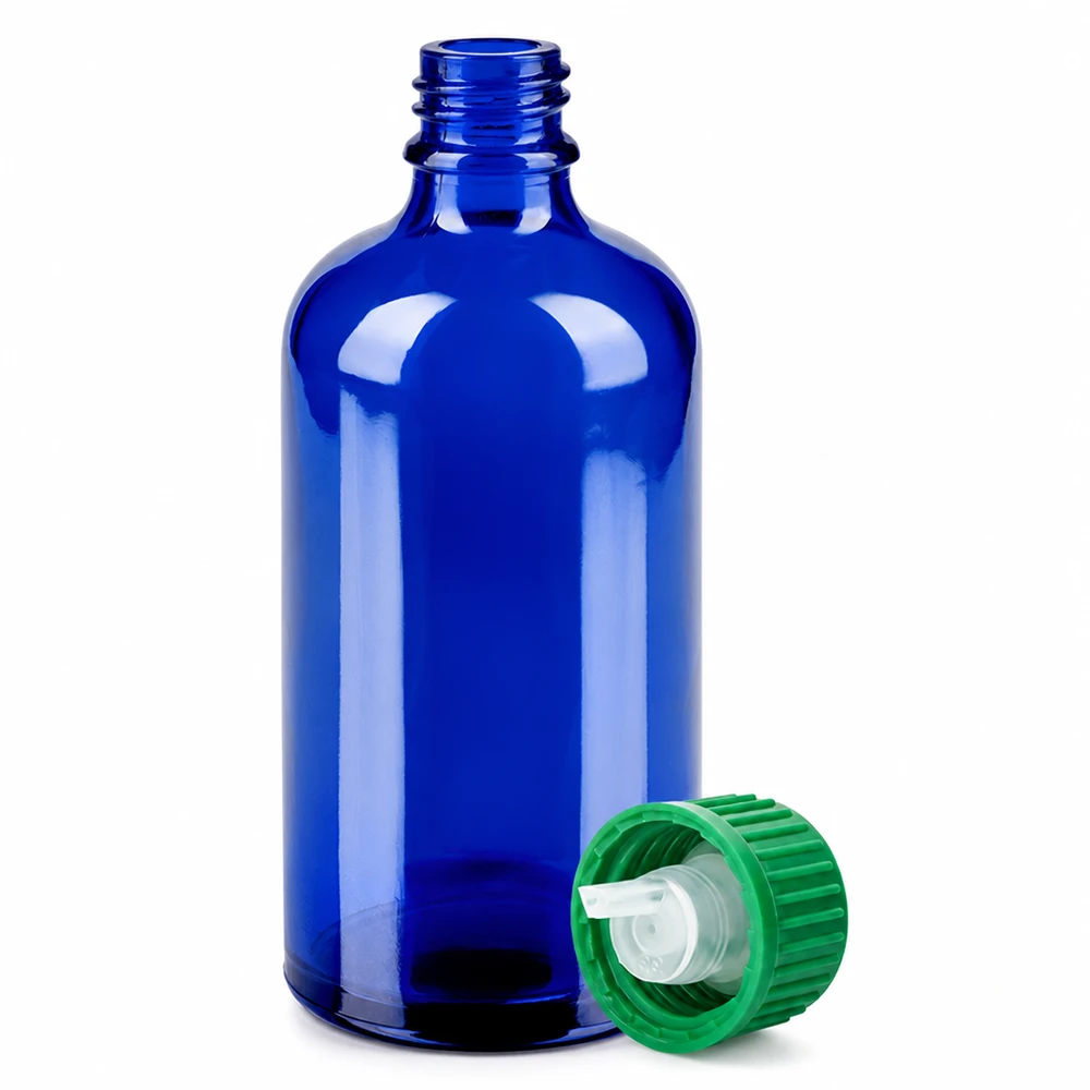 Frasco cuentagotas de 100 ml 0,8 mm verdeCierre estándar BlueLine UT18/100 Frasco de vidrio azul de 100 ml con tapón de rosca verde y cuentagotas para aromaterapia y cosmética