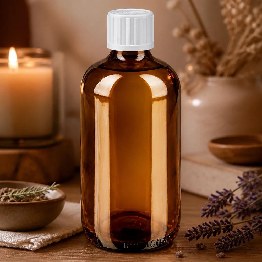 Frasco de farmacia de 100 ml de color ámbar con tapón blanco KiSi, en un ambiente natural de bienestar