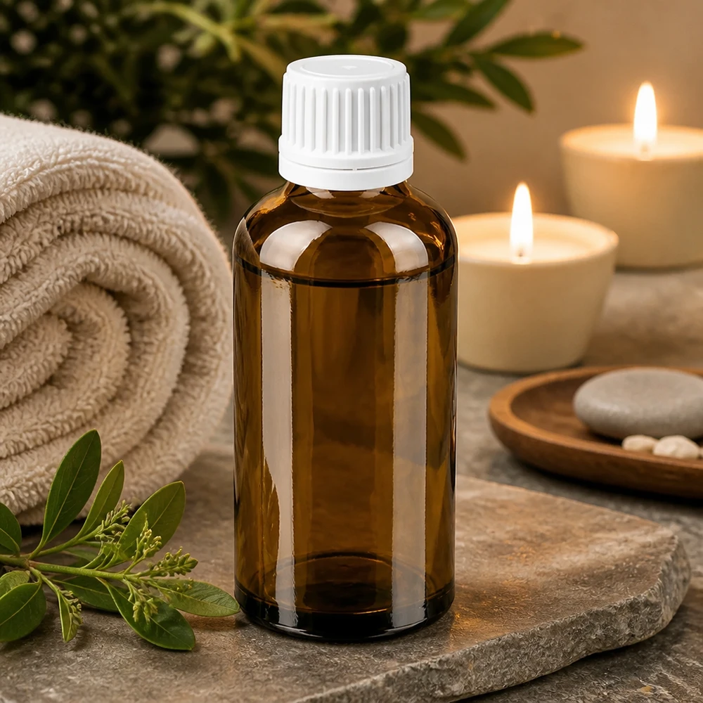 Frasco compacto de cristal de 50 ml en marrón con tapón blanco para aromaterapia y bienestar