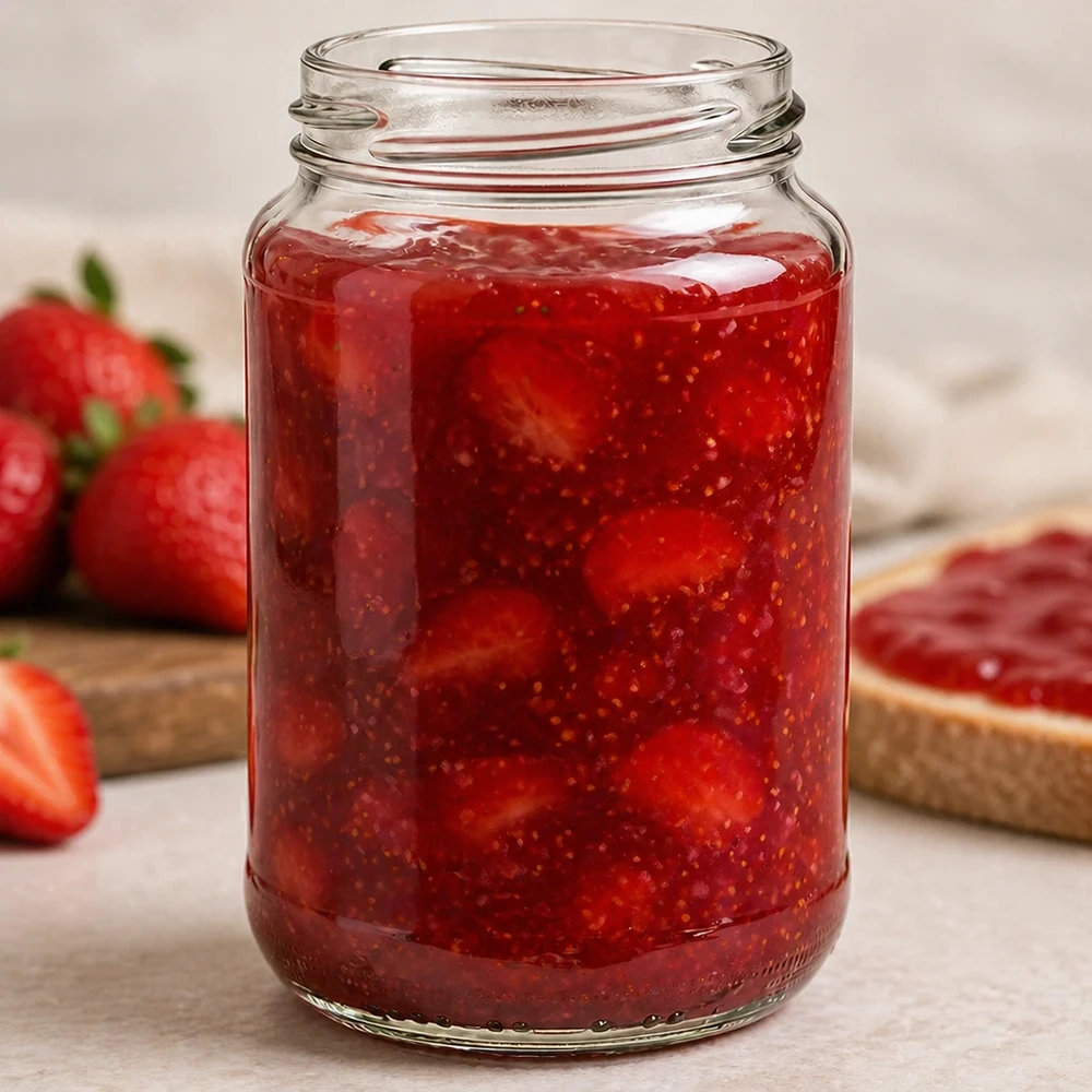 UNiTWIST Runda375 tarro redondo 375ml TO63 lleno de mermelada de fresa casera junto a fresas frescas y pan