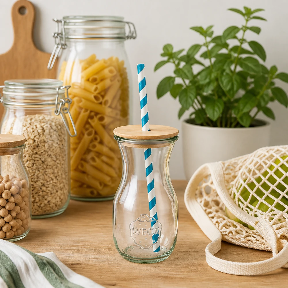 6 x WECK 290ml Saftflasche RR60 mit Holzdeckel und 100 Öko S WECK botella de zumo 290ml cocina sostenible cero residuos botellas de vidrio tarros de almacenaje pasta tapa de madera pajita ecológica