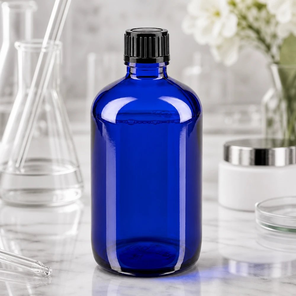 Botella de farmacia azul 100ml tapón de rosca negro estándar Botella de cristal azul cobalto de 100 ml con tapón de rosca negro en un entorno de laboratorio