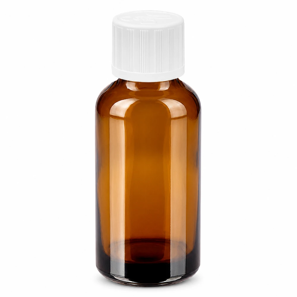 Frasco de vidrio ámbar de 30 ml con tapón de rosca blanco y cierre de seguridad para niños para farmacia