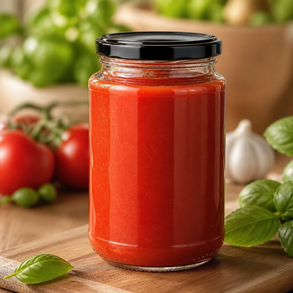 Tarro redondo de cristal UNiTWIST de 320 ml con tapón BasicSeal negro, lleno de salsa de tomate roja, sobre una tabla de madera