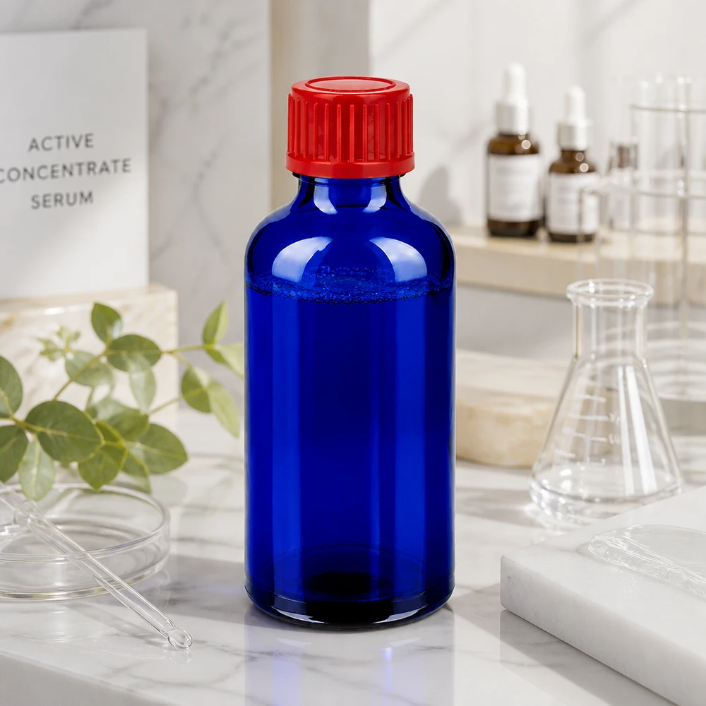 Frasco boticario compacto de 50 ml de vidrio azul cobalto con tapón de rosca normalizado de 11 mm