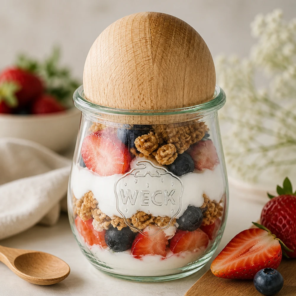 WECK tarro tulipán RR60 220ml como parfait de yogur con bayas y nueces, tapón de bola de madera de haya para postres