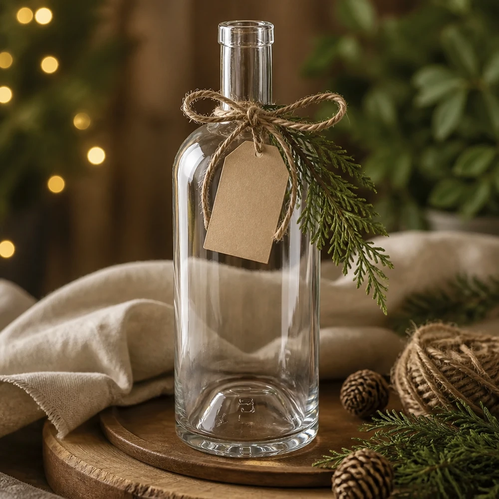 Botella de vidrio de 750 ml «Emma» sin tapón UNiTWIST® Botella de cristal Emma de 750 ml decorada para Navidad con etiqueta de papel kraft, lazo de yute y rama de abeto sobre tabla de madera