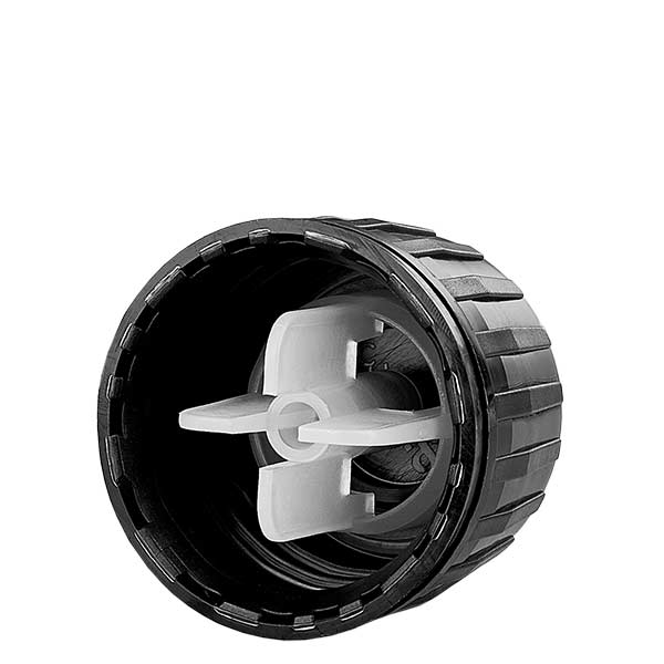 Tapón roscado negro para frascos med. con anillo OV y anillo vertedor Tapón roscado negro para frascos med. con anillo OV y anillo vertedor