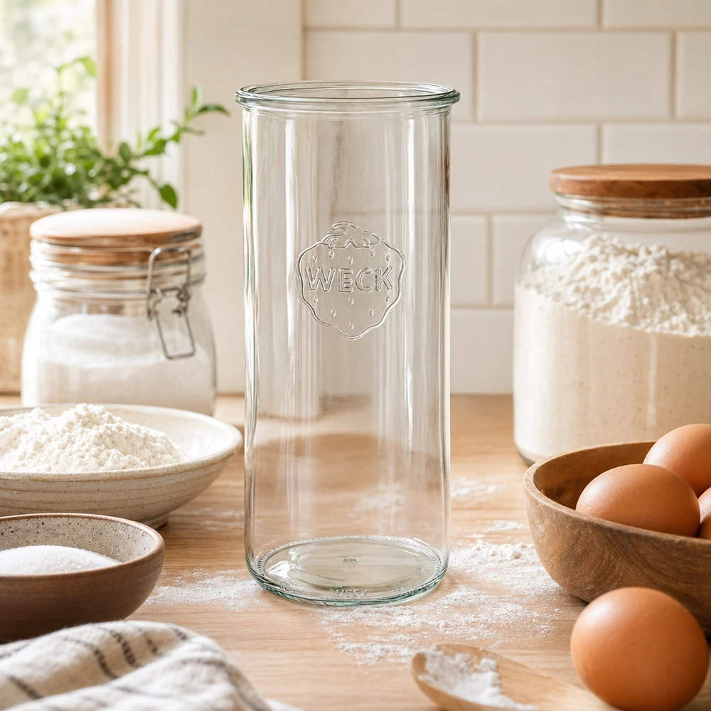 Tarro de cristal WECK RR100 de 1500 ml en una cocina rústica con huevos y harina sobre una encimera de madera