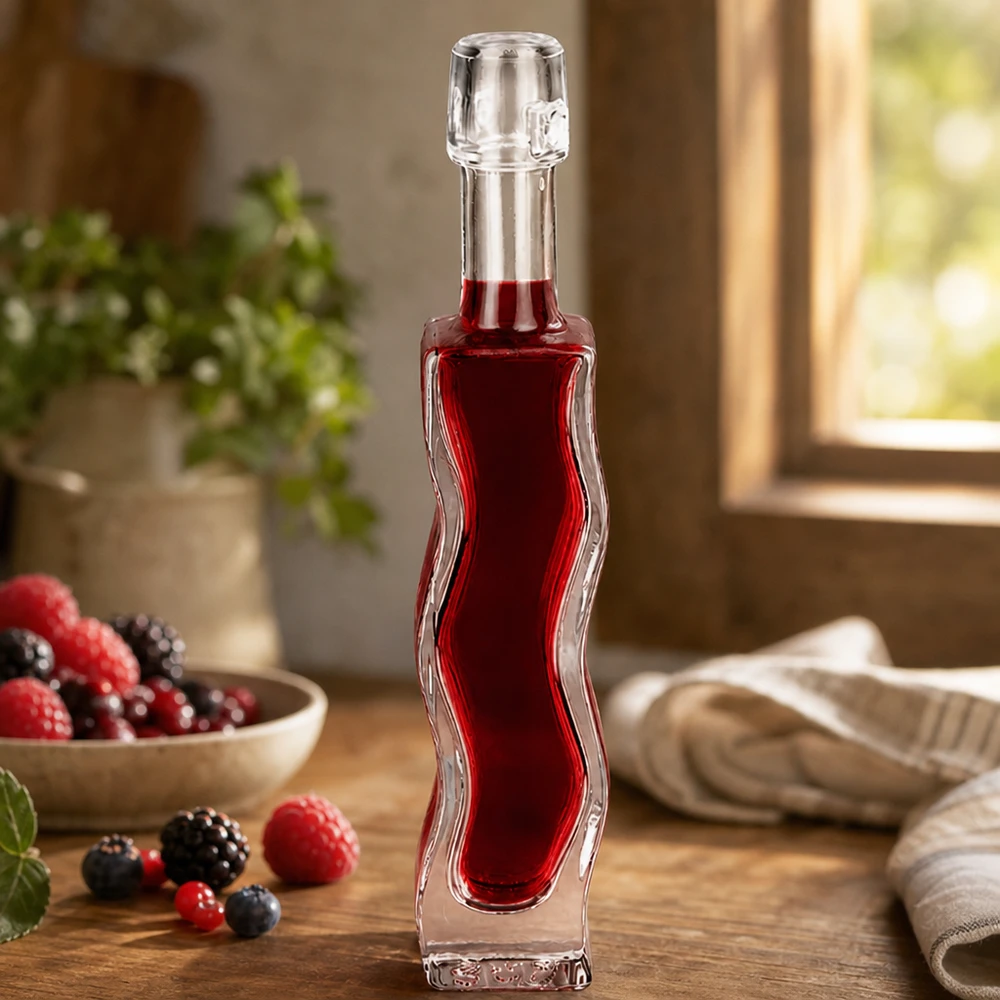 Botella de vidrio de 40 ml Anna llena de zumo de bayas rojas Decoración de frutas del bosque Escenografía de cocina Ejemplo de uso Licor