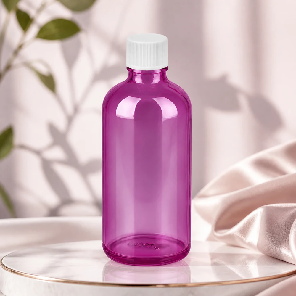Elegante frasco de vidrio de color morado de 100 ml con tapón de rosca blanco para productos cosméticos de alta calidad