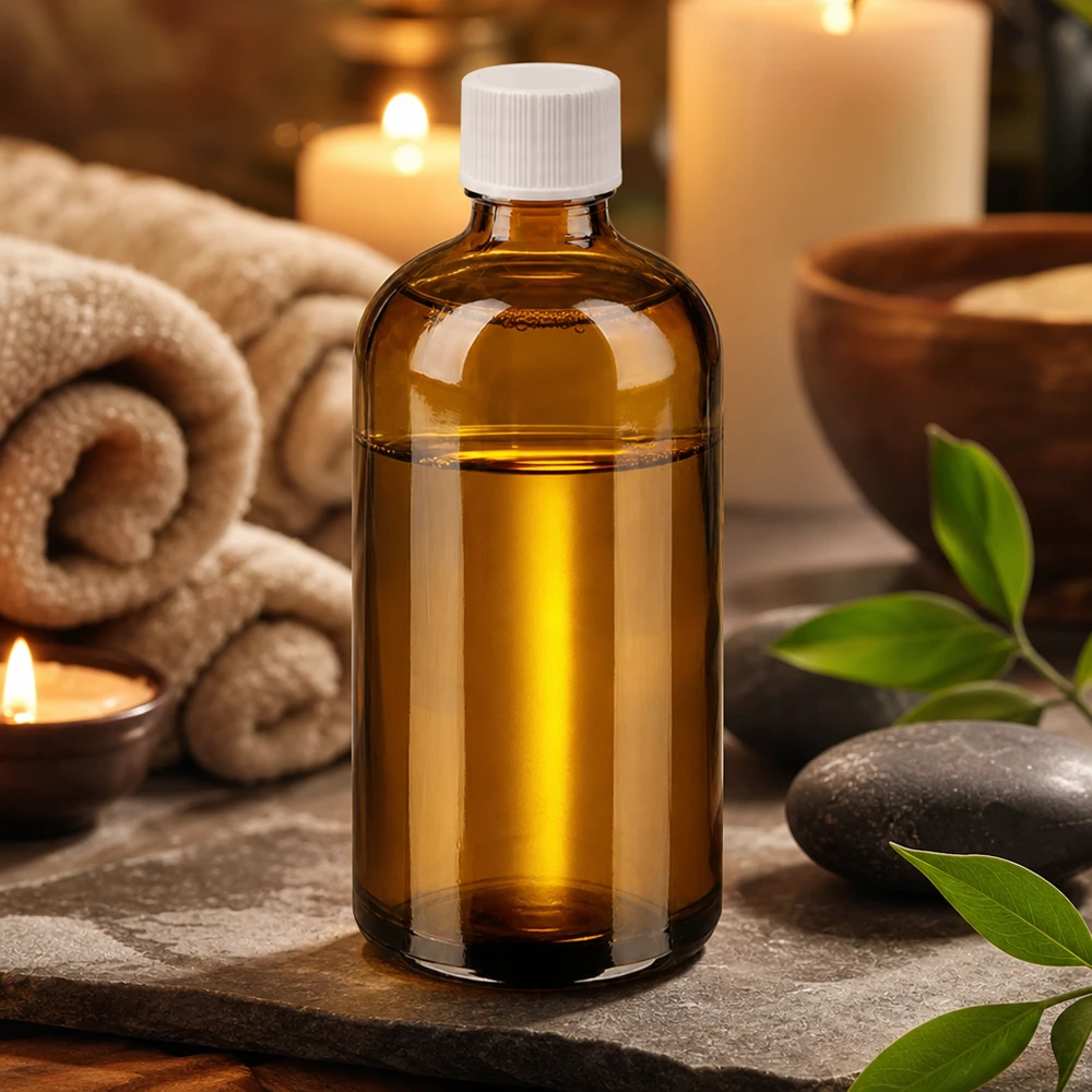 Pequeño frasco de vidrio de 100 ml en tonos marrones con tapón blanco para aromaterapia y bienestar