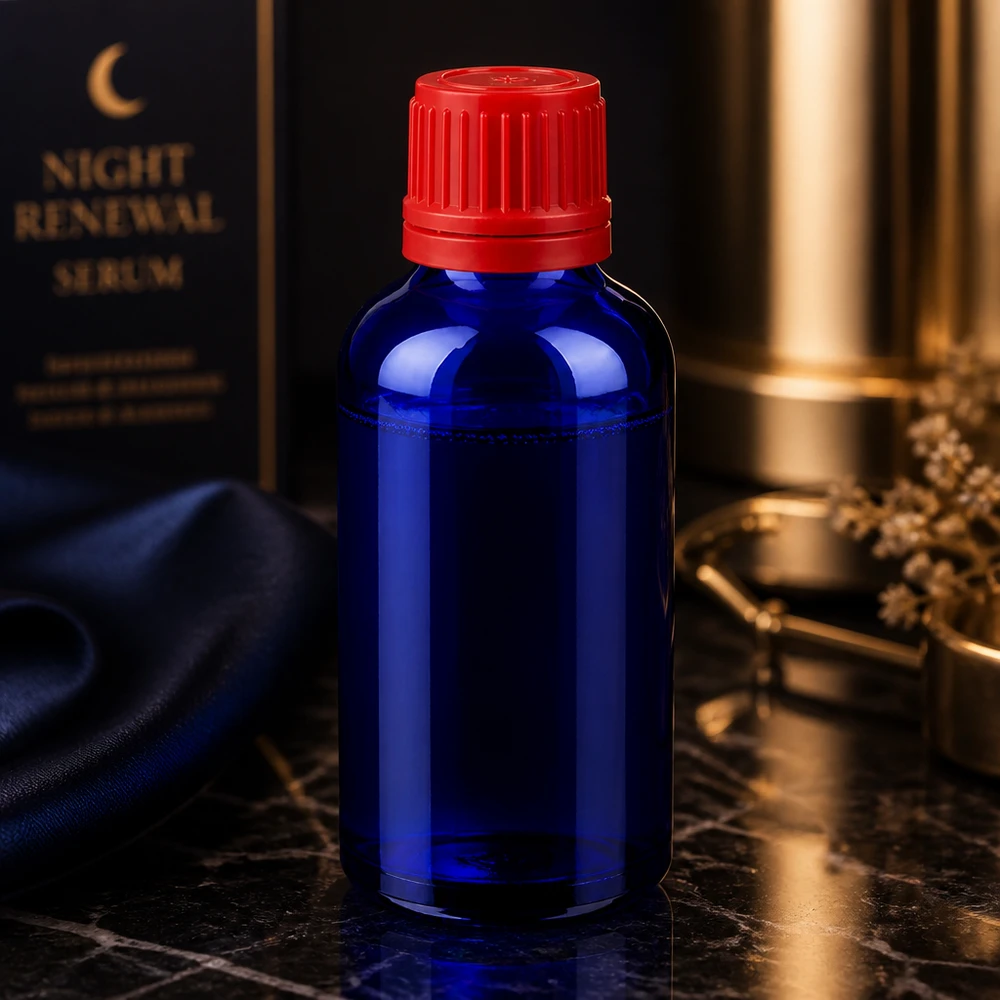 Botella 50ml tapón rosca 11mm rojo cierre inviolable BlueLine UT18/50 Frasco pequeño de vidrio de 50 ml en azul con tapón rojo SV 11 mm OV BlueLine UT18/50