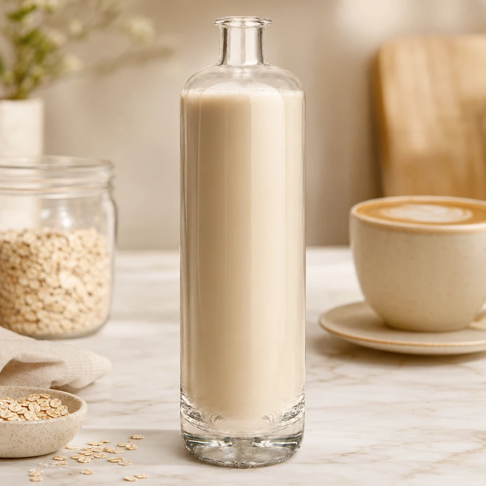 Botella de vidrio de 700 ml «Ella» sin tapón UNiTWIST® Botella de cristal de 700 ml de Ella llena de cremosa leche de avena junto a copos de avena y taza de café en una escena de cocina natural.