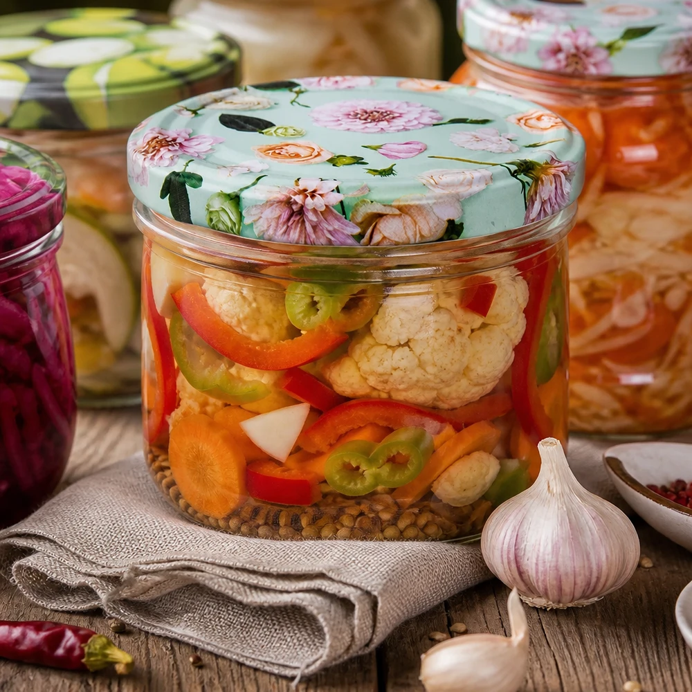 Tarro cilíndrico de 230 ml con tapa BasicSeal flower mint para verduras en escabeche - Tarro de fermentación con ajo