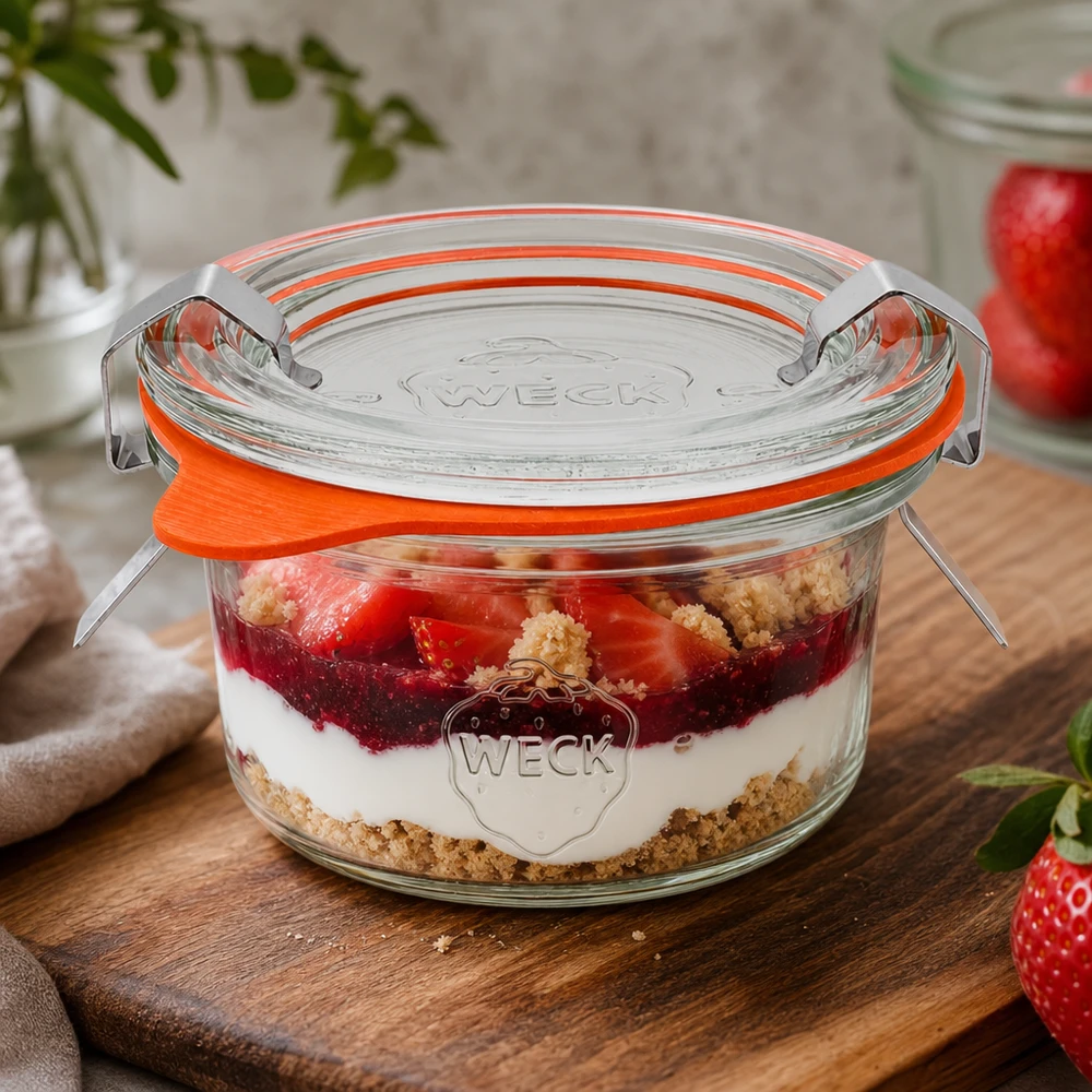 Vasos WECK RR60 de 50 ml con postre de capas de fresas y nata como ejemplo de aplicación para postres dulces