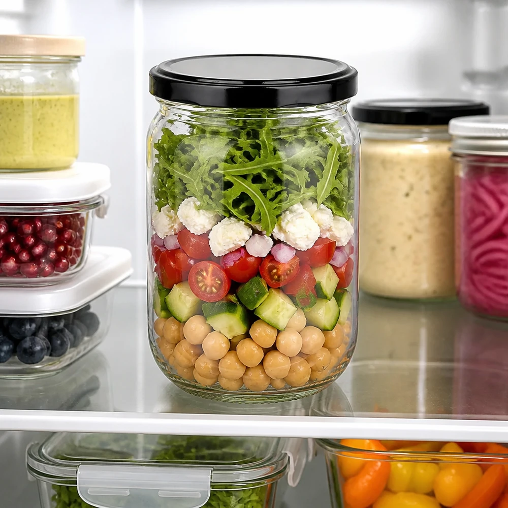 Tarro redondo de cristal de 555 ml con tapa BasicSeal negra, lleno de ensalada en capas, en la nevera