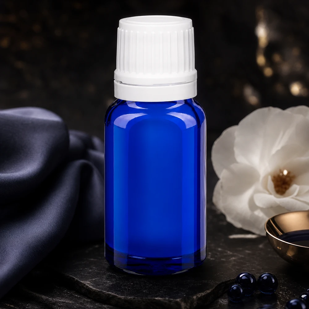 Frasco opaco de 10 ml en color azul con tapón blanco para aceites esenciales delicados