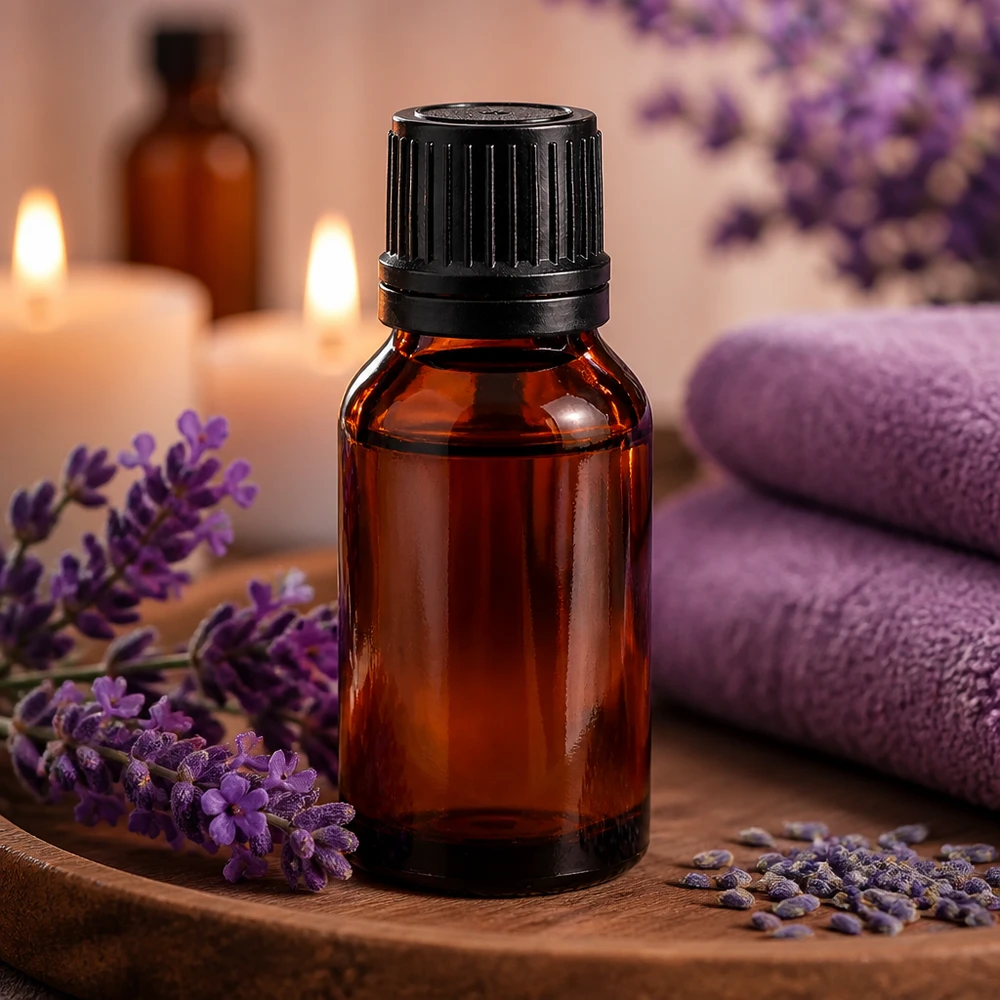 Frasco de vidrio ámbar de 15 ml con tapón cuentagotas negro, rodeado de flores de lavanda sobre una bandeja de madera