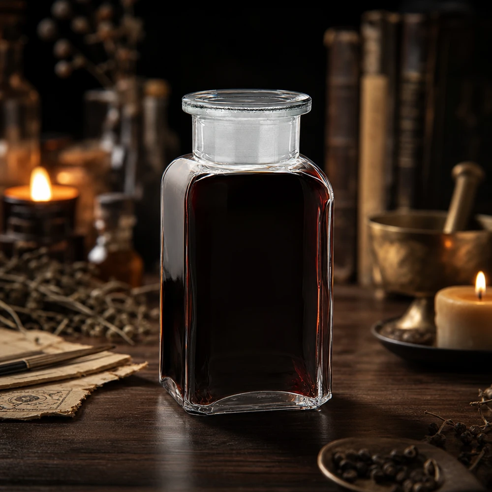 Botella cuadrada 100 ml tapón de vidrio transparente de cuello ancho Botella cuadrada de 100 ml, transparente, llena de un extracto oscuro, con hierbas y libros antiguos