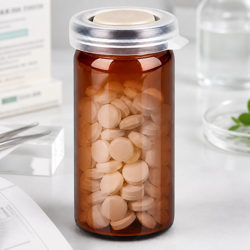 Frasco médico de vidrio marrón de 10 ml con tapa transparente a presión, lleno de comprimidos redondos de color claro