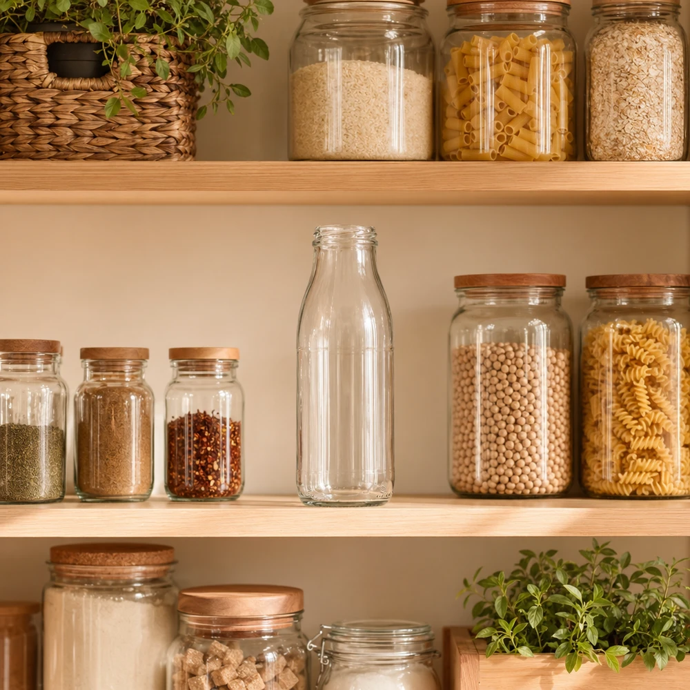 Frasco de vidrio de 500 ml sin tapa (TO48) UNiTWIST 500ml Glasflasche TO48 UNiTWIST in moderner Vorratsküche zwischen Gewürzgläsern und Pasta-Behältern auf Holzregalen