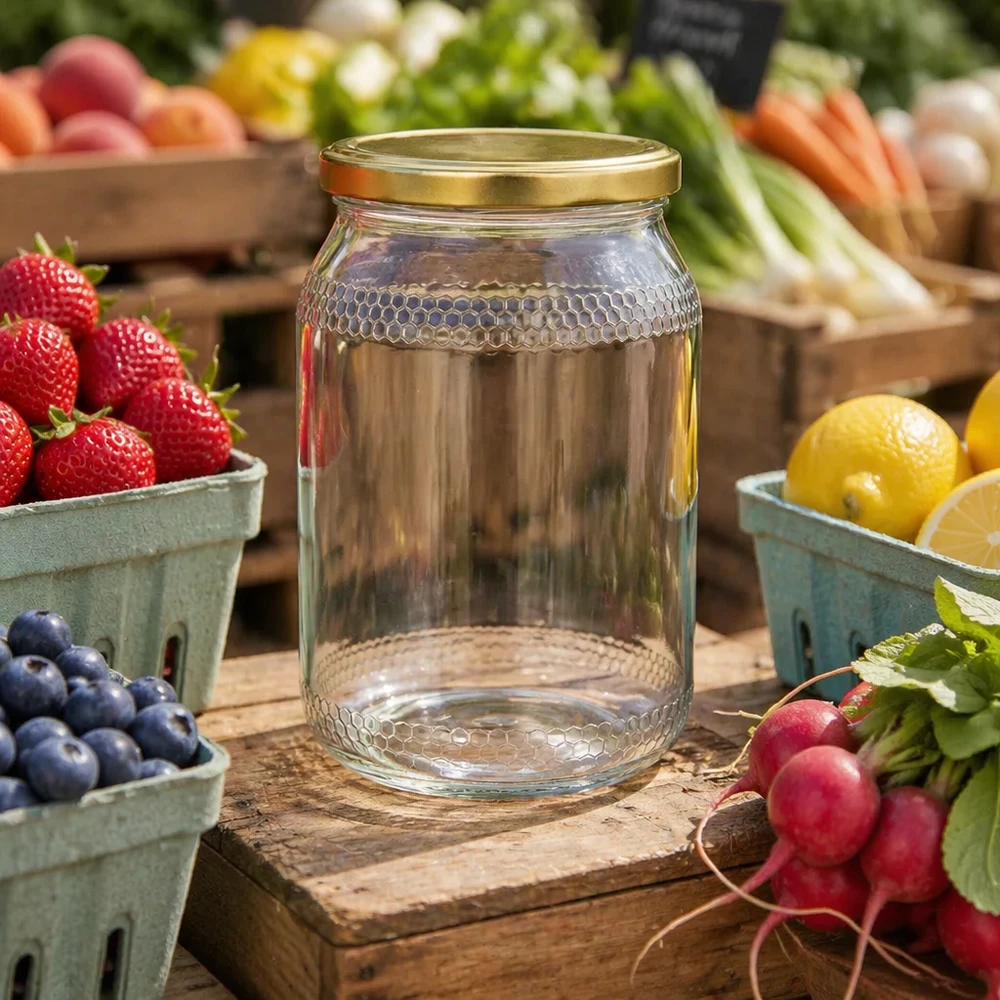Tarro de miel de 900 ml vacío con tapa BasicSeal oro entre frutas y verduras frescas - tarro de almacenamiento versátil