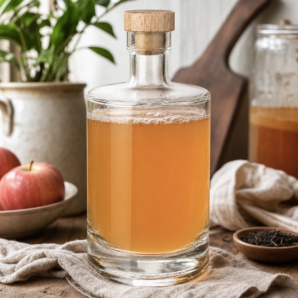 Botella de cristal de 500 ml Marie rellena de licor de manzana - tapón de madera UNiTWIST - Bodegón de cocina con manzanas y especias