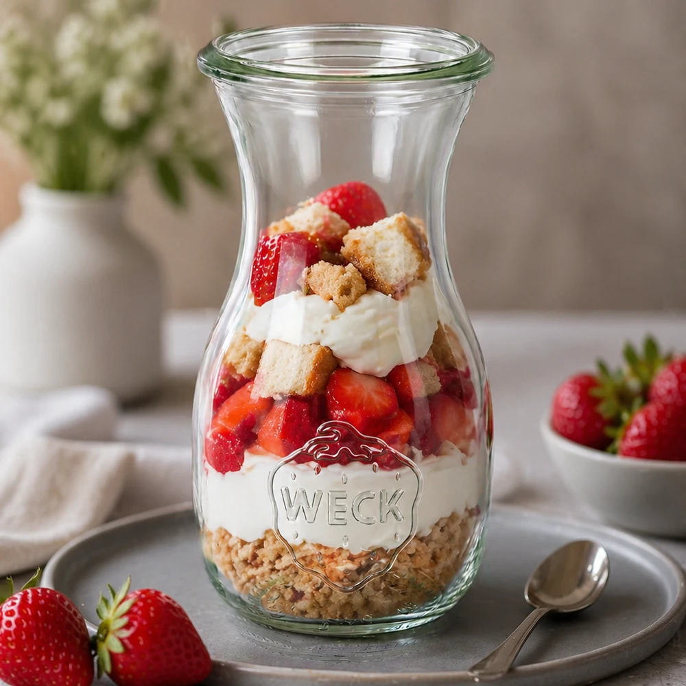 Botella de zumo WECK 290ml RR60 como tarro de postre relleno de fresas, nata y galletas decorado en un plato gris