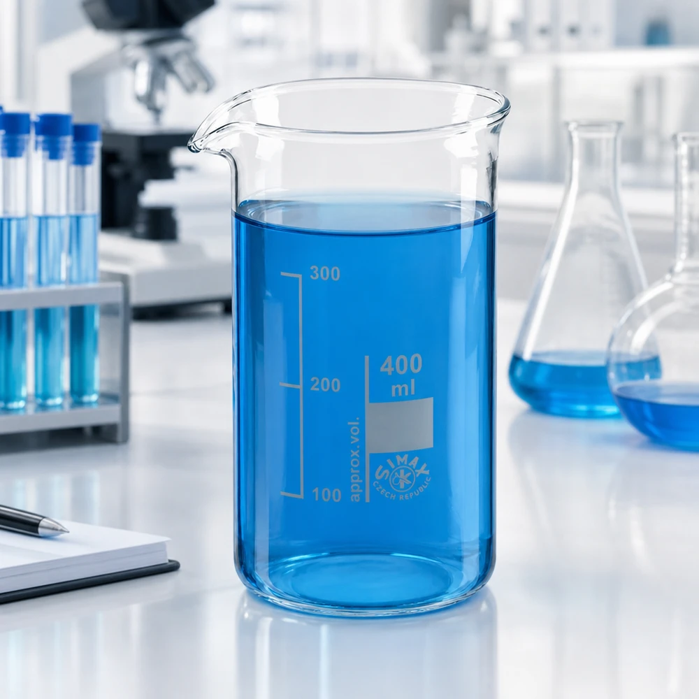 Fotografía de laboratorio: vaso de precipitados de 400 ml, de forma alta, con un líquido azul sobre una mesa de laboratorio blanca