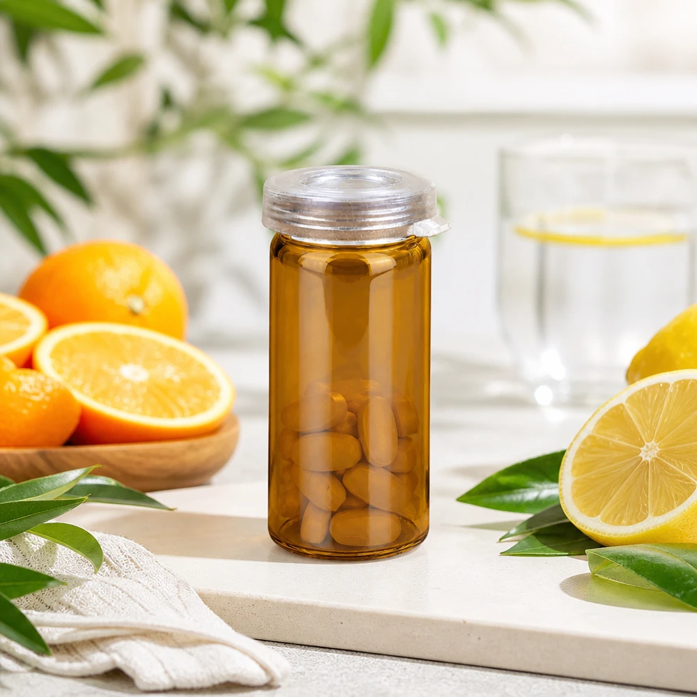 Vaso de borde ondulado de 5 ml, color ámbar, con tapa a presión, entre naranjas y limones frescos