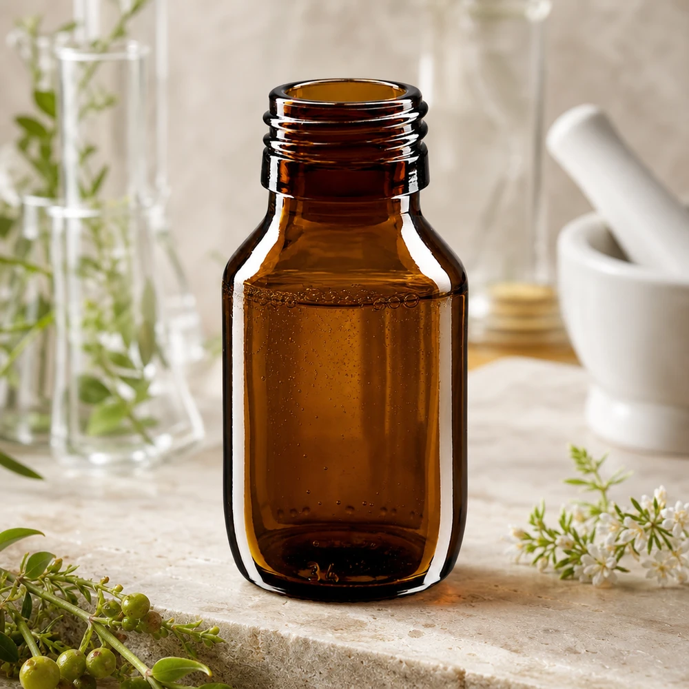 Frasco para medicamentos de 50 ml marrón, sin tapón PP28 ApoGlas Nachhaltige 50ml Medizinflasche aus recycelbarem Braunglas PP28 Thread ApoGlas Design