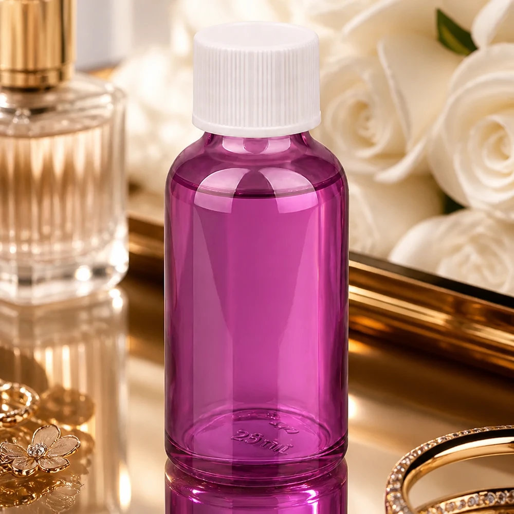 Frasco PurpleLine de 30 ml en elegante color morado con tapón estándar blanco para productos de belleza