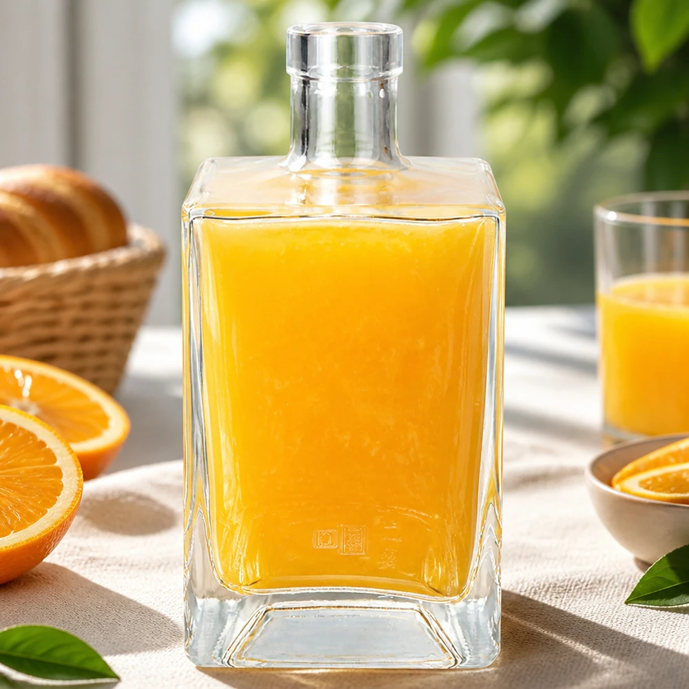 Botella de cristal de 700 ml de Ben llena de zumo de naranja sobre una mesa de desayuno con naranjas frescas y bollería