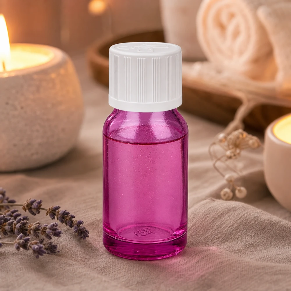 Elegante frasco de 10 ml de color morado brillante con tapón blanco para cosmética profesional