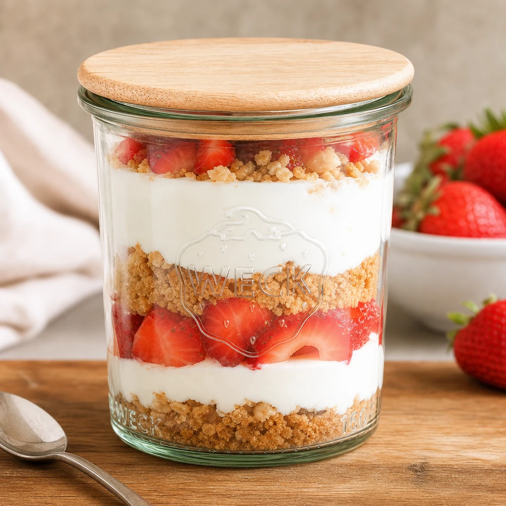 Tarro WECK 160ml RR60 con tapa de bambú relleno de postre de fresa Postre en capas en tarro de conserva Mesa de cocina