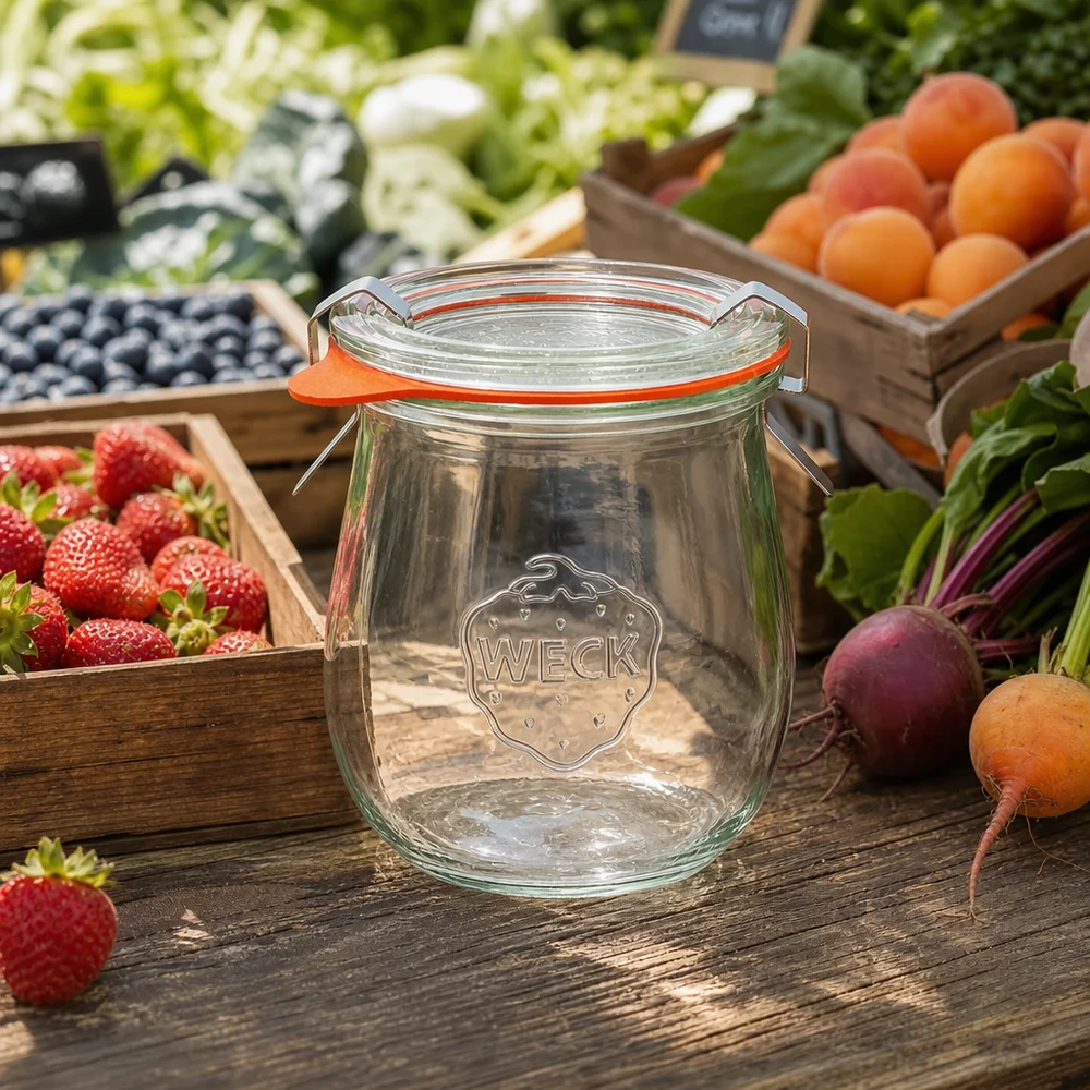 WECK tarro tulipán 220ml RR60 vacío sobre mesa de madera rodeado de frutas y verduras frescas del mercado juego de tarros de conserva