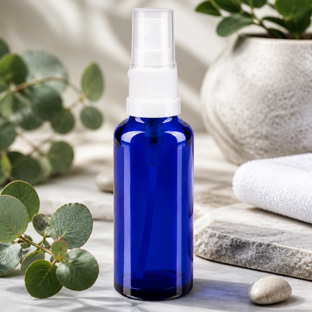 Botella de farmacia azul 10ml tapón pulverizador negro Pequeña botella de cristal azul con pulverizador sobre una piedra natural, rodeada de ramas de eucalipto