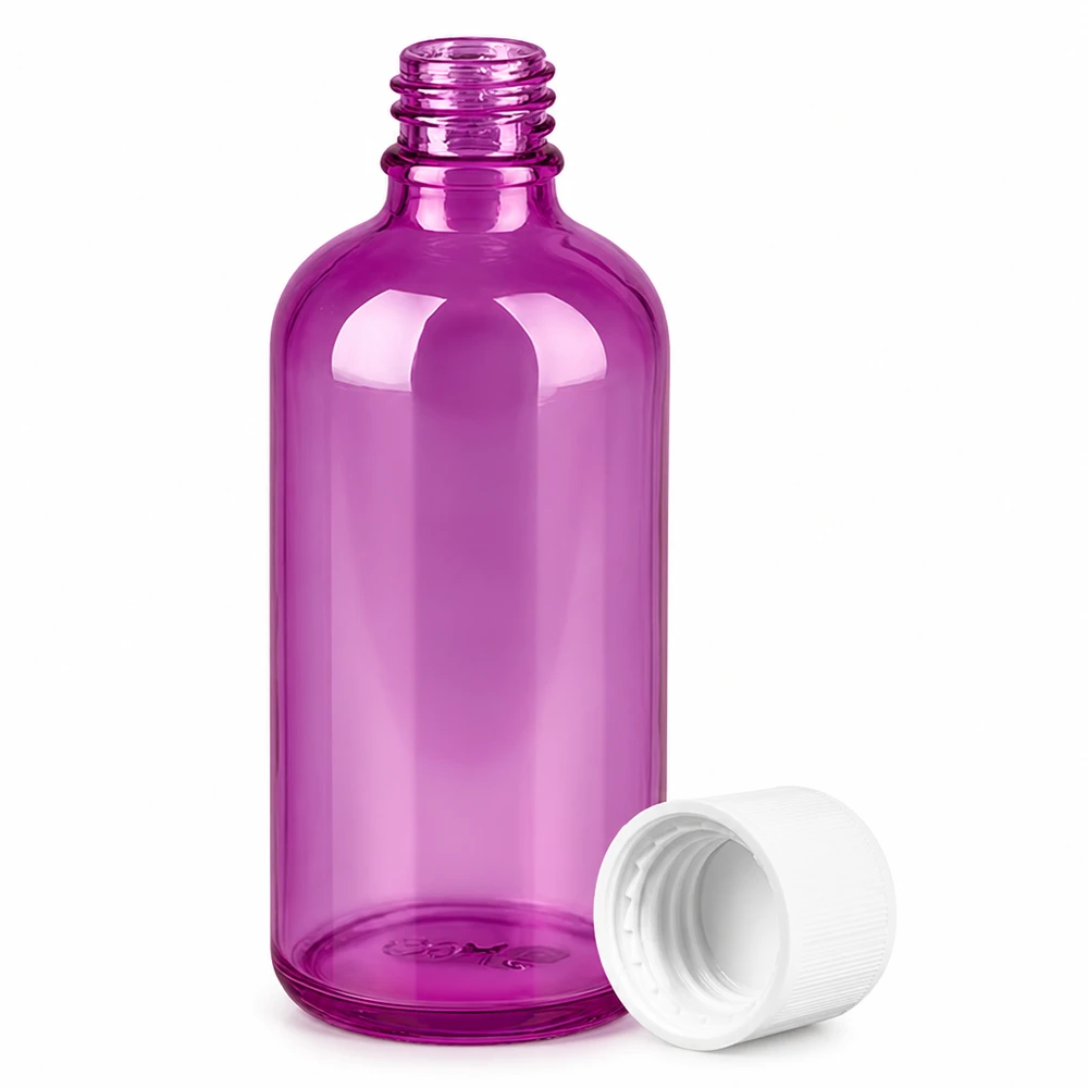 Botella de 100ml 11mm tapón de rosca blanco estándar a prueba de niños PurpleLine. UT18/100 Botella de plástico morada de 100 ml con rosca UT18 y tapón blanco para productos líquidos