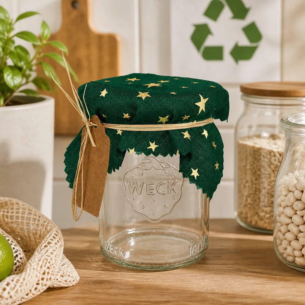 Alfombra de tela para bisutería "estrellas" verde 12cm cuadrado Alfombra de estrella verde con cinta de rafia y colgante en tarro Weck en cocina sostenible 12cm cuadrado