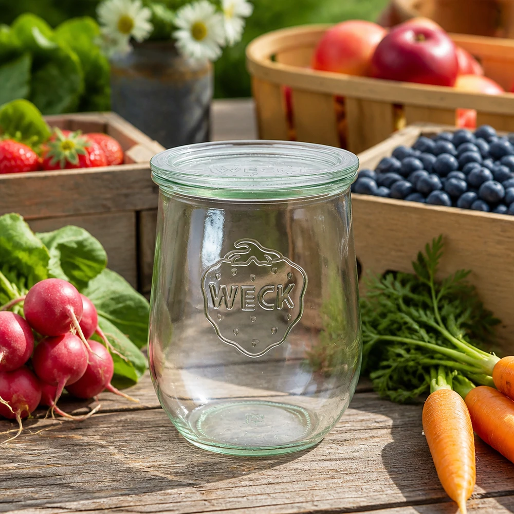 WECK tarro tulipán 1062ml tapa cristal RR100 Conservar fruta fresca verduras rábanos zanahorias arándanos tabla madera