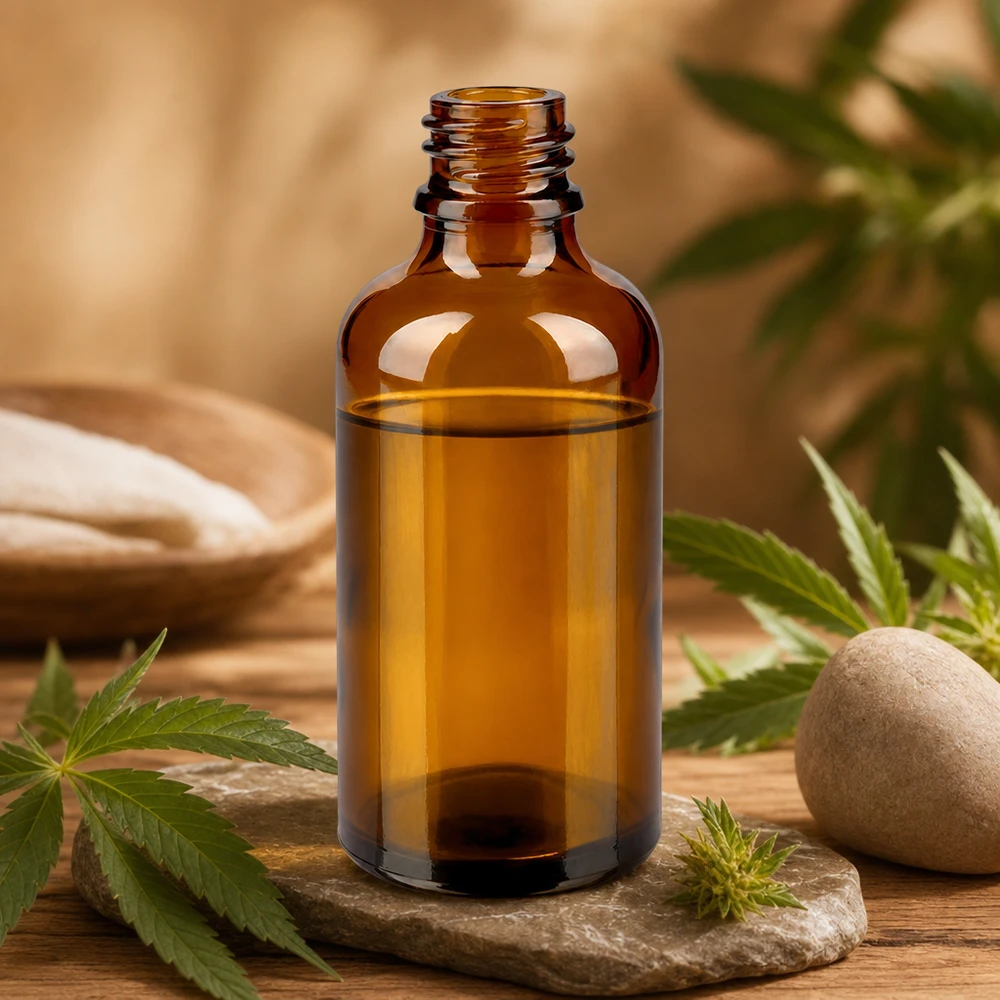 Frasco de farmacia de ApoGlas marrón de 50 ml en plato de piedra con hojas de cannabis y productos naturales Ambiente de spa