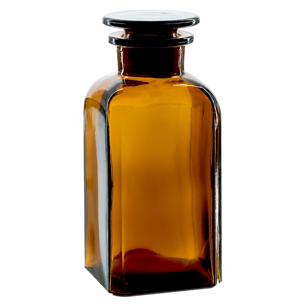 Botella cuadrada 350ml marrón cuello ancho tapón cristal Botella cuadrada de 350 ml, de color marrón, con tapón de vidrio, fabricada en vidrio borosilicato de alta calidad, para laboratorio y farmacia