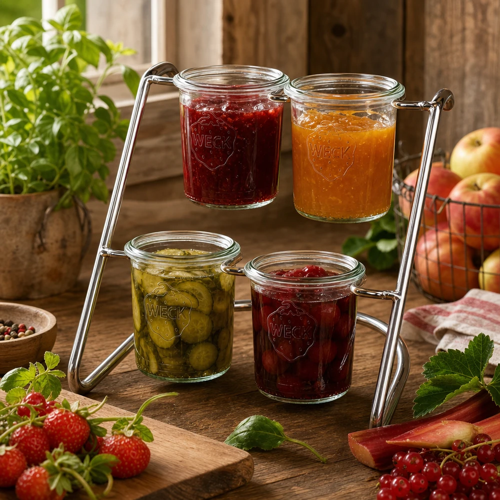 Portavasos Flato4 para 4 vasos WECK Estante para servir Flato4 con tarros WECK llenos: mermeladas y encurtidos servidos con estilo en un soporte de acero cromado