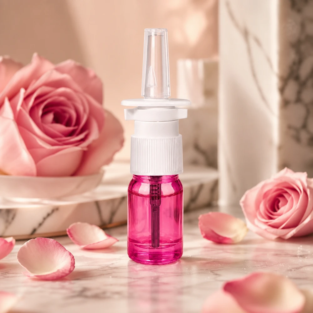 Frasco pulverizador nasal de 5 ml blanco/transparente estándar PurpleLine UT18/5 Práctico frasco pulverizador de 5 ml en elegante color violeta con un preciso sistema de pulverización para aplicaciones nasales