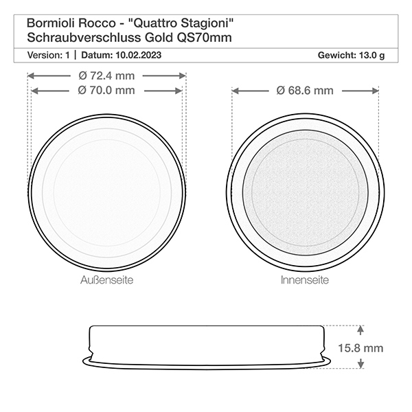 Tarro redondo "Quattro Stagioni" de 700 ml con tapa Dibujo técnico Quattro Stagioni 700ml tapa dimensiones 72,4mm diámetro exterior QS70 tapón de rosca oro Bormioli Roc