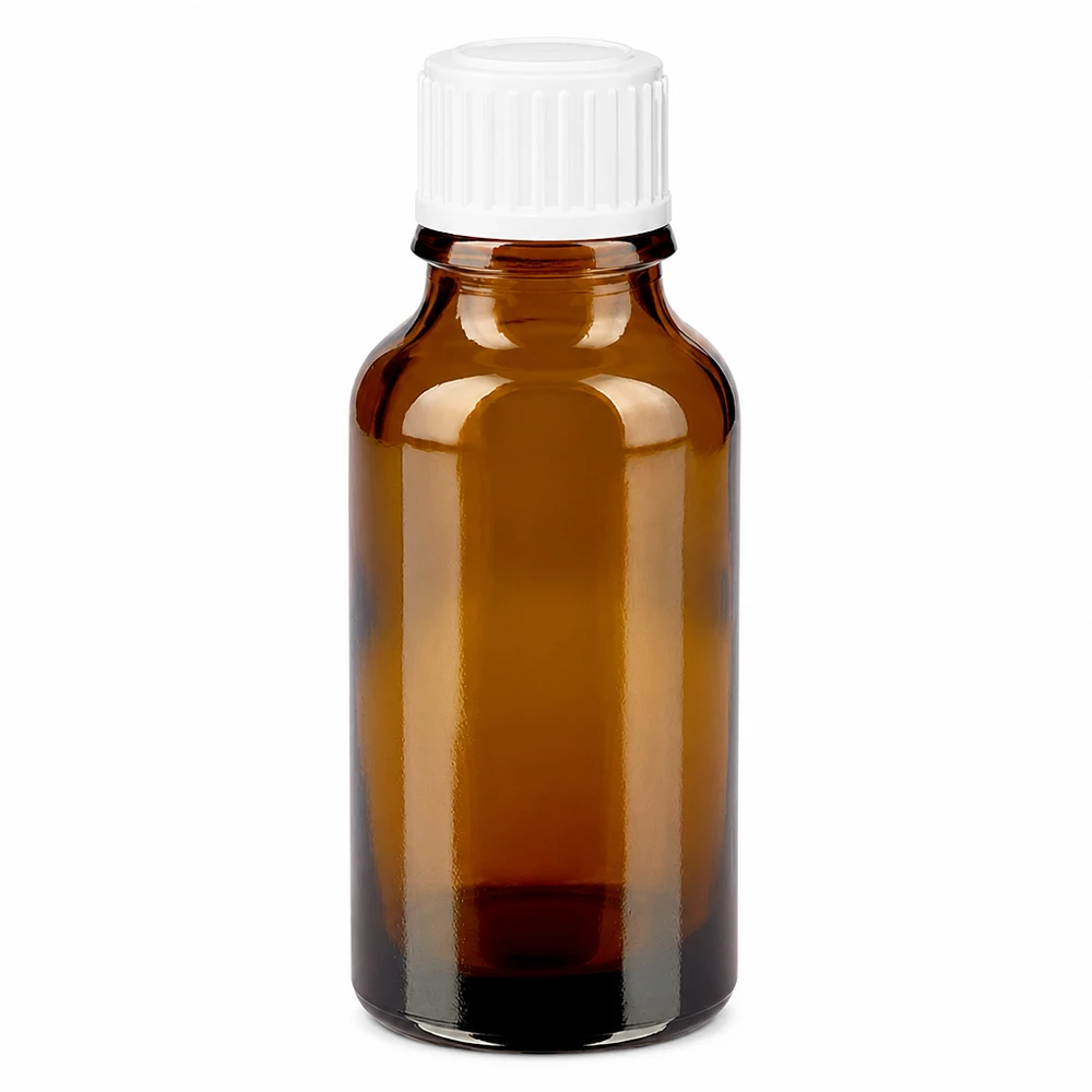 Frasco de farmacia de cristal marrón de 20 ml con tapón de rosca blanco estándar de 11 mm