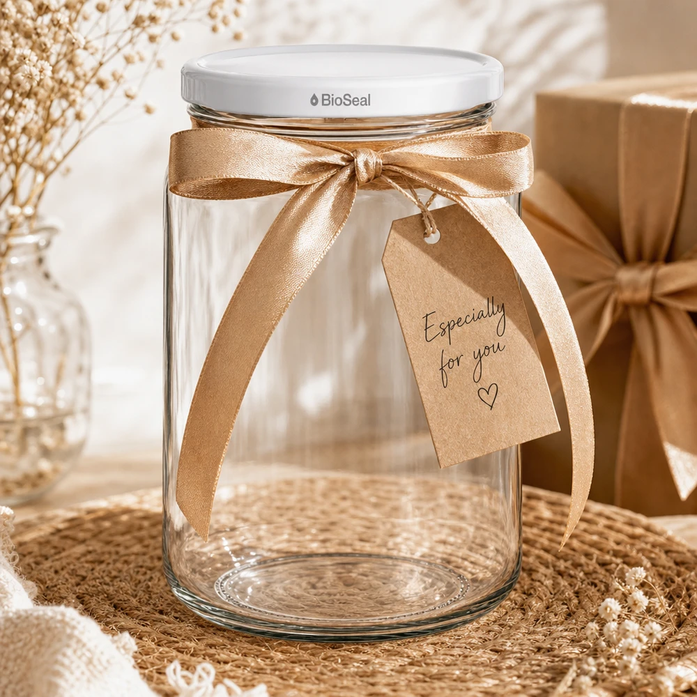 Caja de regalo UNiTWIST Runda382 con lazo dorado y etiqueta - tarro de conserva decorativo con BioSeal Dec blanco